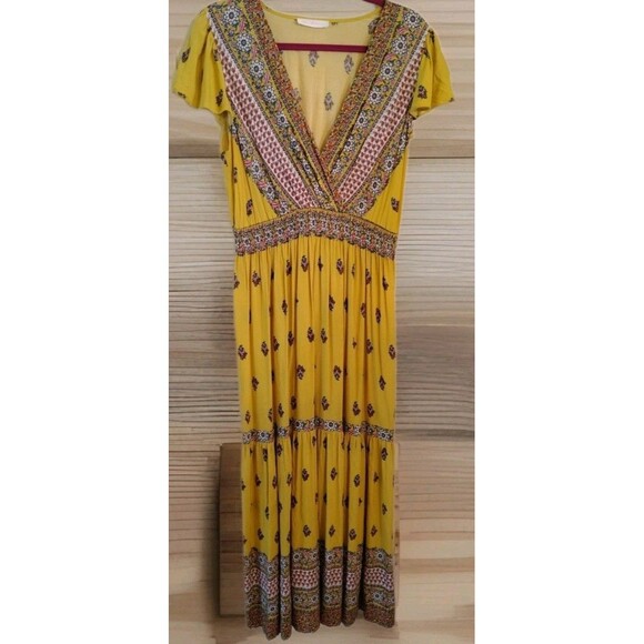 Ces Femme Dress Size L Maxi Boho Festival Yellow Crossover V Neck Front Floral - Picture 5 of 10